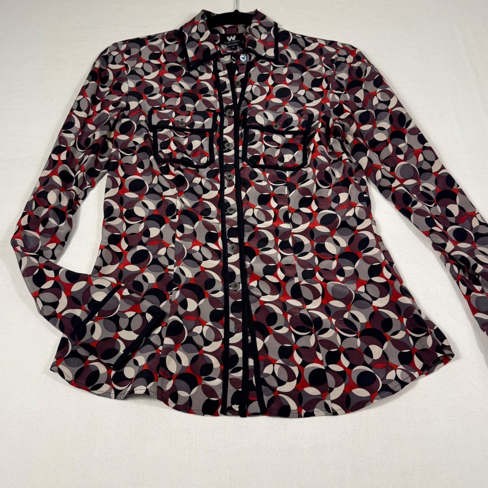 W Worth Silk Blouse 0 Red Grey Geometric Circle Print Shirt Office Career Work